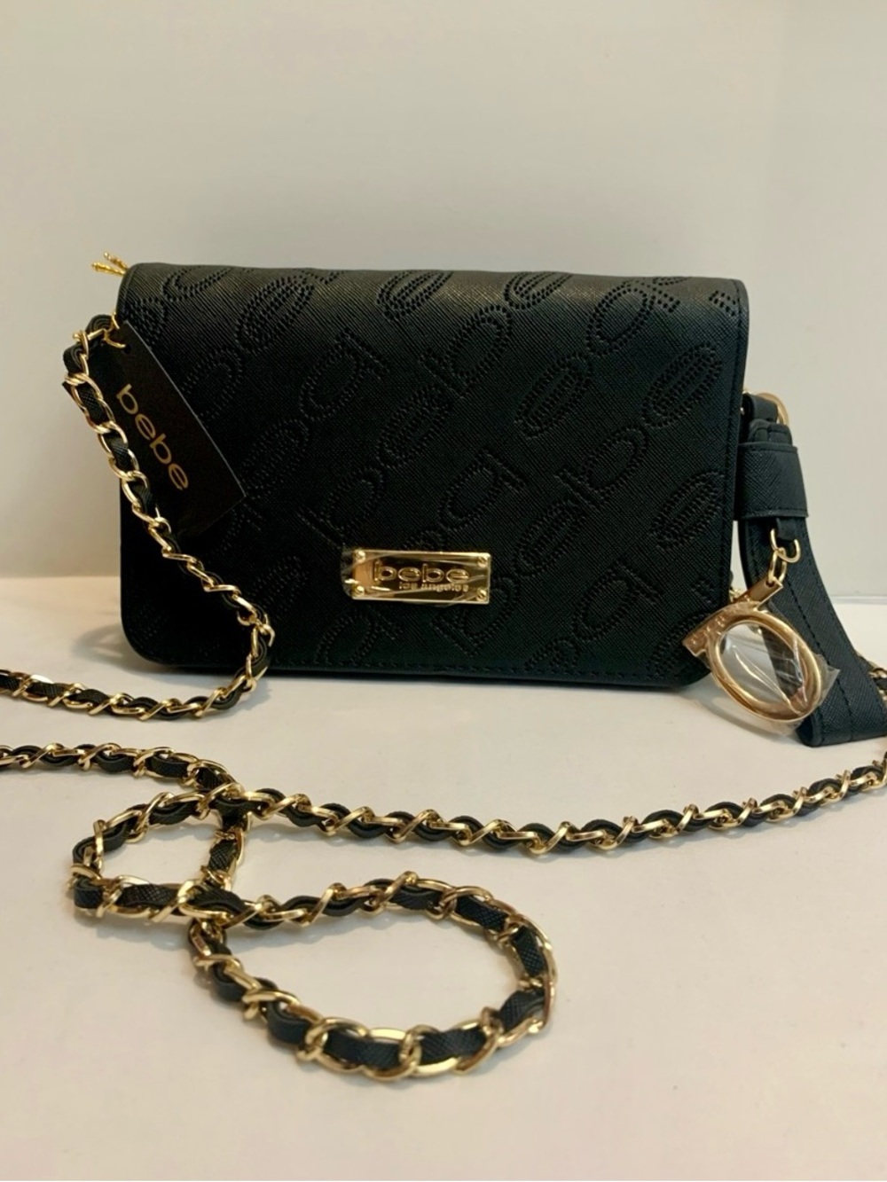 bebe Nayeli Black Saffiano Perforated Logo Classic Mini Crossbody Chain Purse